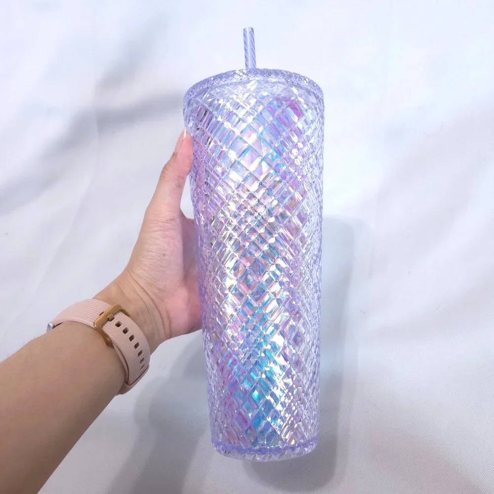 Starbucks Iridescent Faceted Grid Tumbler Cold Cup 24oz Venti Straw Lilac Purple